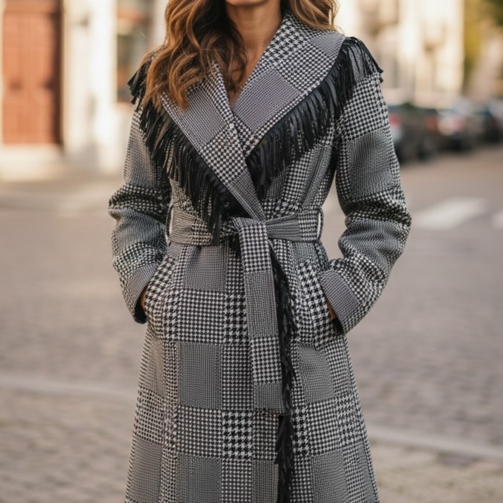 Houndstooth Microfiber Fringe Long Jacket - Picture 8 of 10